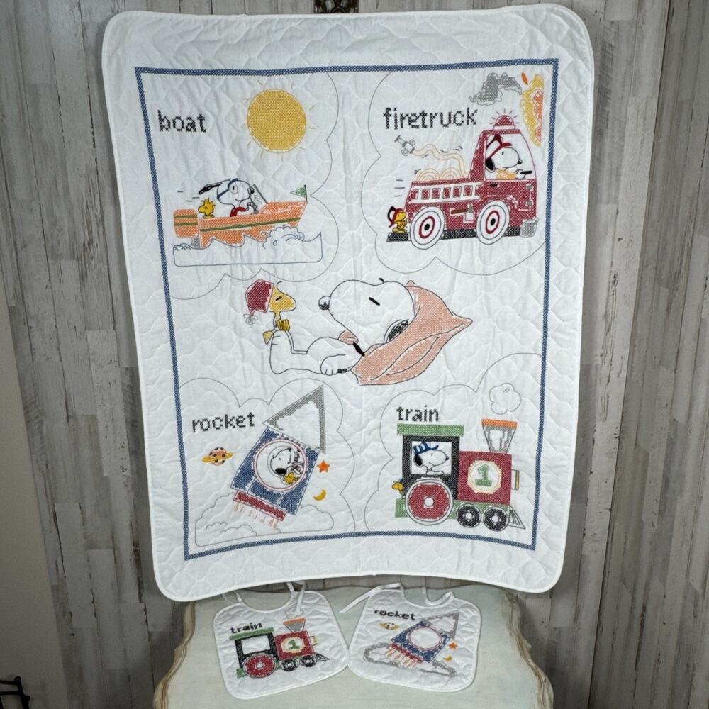 Vintage 1992 Snoopy Completed Cross Stitch Baby Quilt Blanket And Bib Set